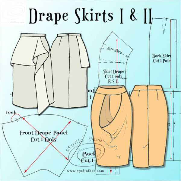 Sketches of two beginner level drape skirt designs..