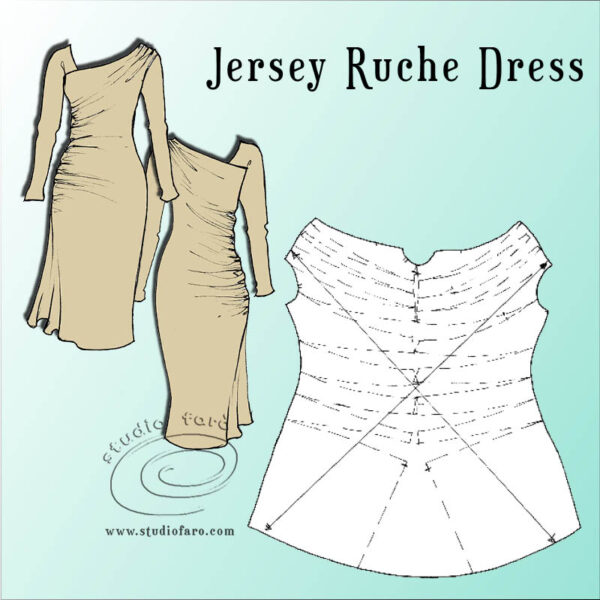 Hand drawn sketch of the Jersey ruche Dress with an image fo the pattern shape.